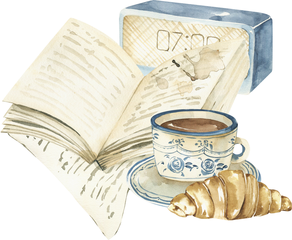 Watercolor morning composition clipart of coffee, croissant, books, alarm